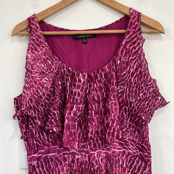 Cynthia Steffe Carey Silk Chiffon Fuchsia Printed Ruffle Lined Dress size 10 - Picture 5 of 15